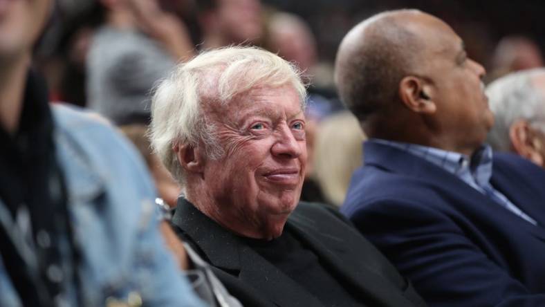 Oct 18, 2018; Portland, OR, USA;  Nike co-founder Phil Knight smiles after Los Angeles Lakers forward LeBron James (23) dunks the ball over Portland Trail Blazers at Moda Center. Mandatory Credit: Jaime Valdez-USA TODAY Sports