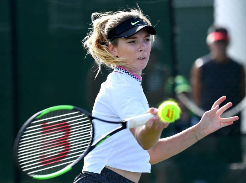 Mar 4, 2019; Indian Wells, CA, USA; Katie Boulter (BGR)  returns the ball during her first round qualifying match against Allie Kiick (not pictured) in the BNP Paribas Open at the Indian Wells Tennis Garden. Mandatory Credit: Jayne Kamin-Oncea-USA TODAY Sports