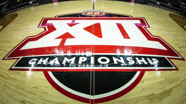 Mar 13, 2019; Kansas City, MO, USA; Big 12 logo at center court prior to the TCU Horned Frogs and the Oklahoma State Cowboys game of the first round of the Big 12 conference tournament at Sprint Center. Mandatory Credit: William Purnell-USA TODAY Sports