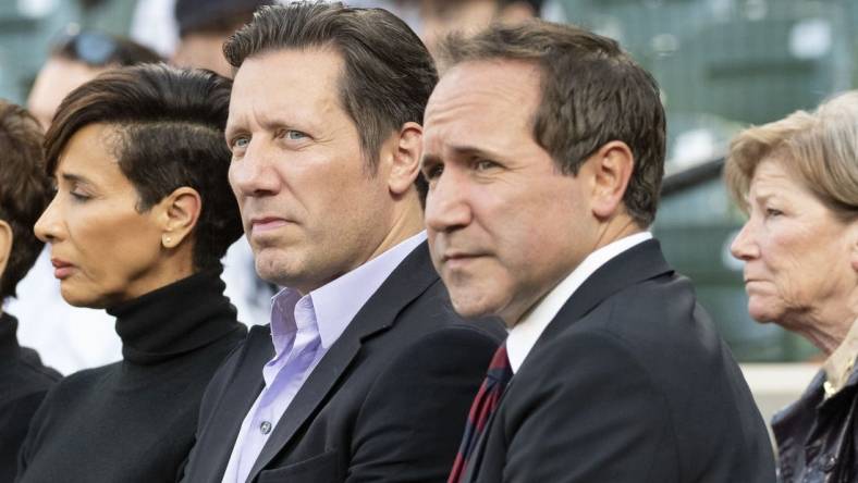 Apr 6, 2019; Baltimore, MD, USA;  Baltimore Orioles executive Louis (left) and John Angelos attend a pregame ceremony before the game against the New York Yankees at Oriole Park at Camden Yards. Mandatory Credit: Tommy Gilligan-USA TODAY Sports