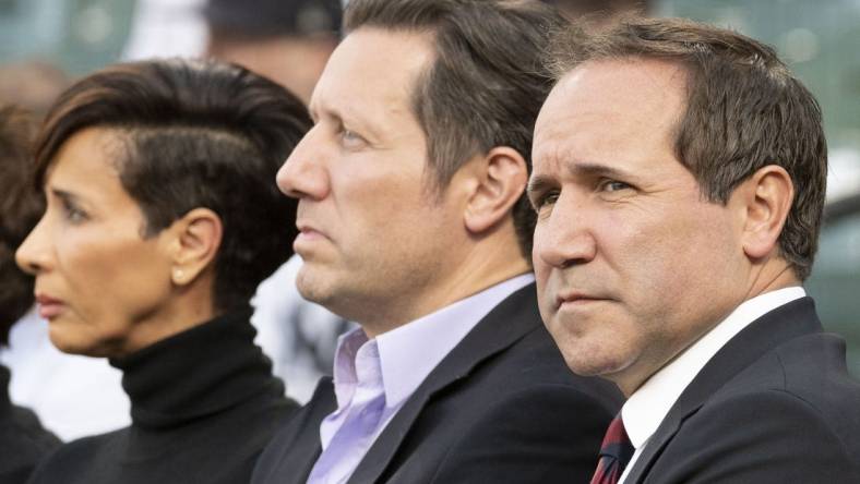 Apr 6, 2019; Baltimore, MD, USA;  Baltimore Orioles executive Louis (left) and John Angelos attend a pregame ceremony before the game against the New York Yankees at Oriole Park at Camden Yards. Mandatory Credit: Tommy Gilligan-USA TODAY Sports