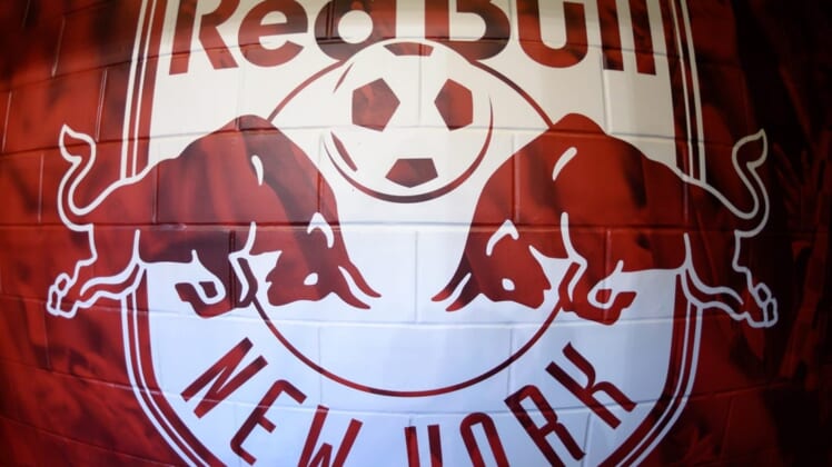 May 8, 2019; Harrison, NJ, USA; General view of the New York Red Bulls logo on the wall prior to the game between the New York Red Bulls and the Montreal Impact at Red Bull Arena. Mandatory Credit: Douglas DeFelice-USA TODAY Sports