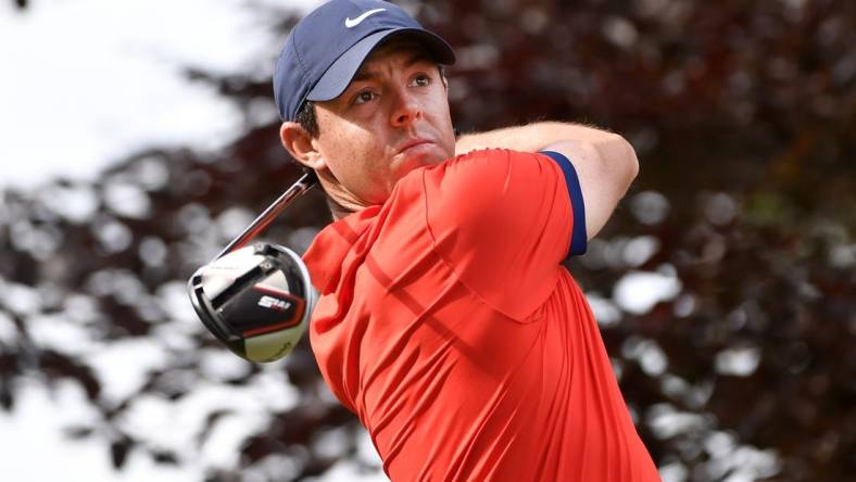 Jun 9, 2019; Hamilton, Ontario, CAN; Rory McIlroy tees off on the seventeenth hole during the final round of the 2019 RBC Canadian Open golf tournament at Hamilton Golf & Country Club. Mandatory Credit: Eric Bolte-USA TODAY Sports