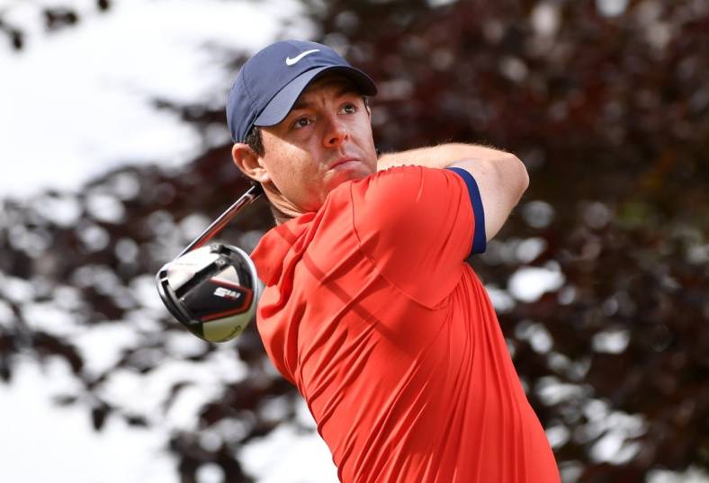 Jun 9, 2019; Hamilton, Ontario, CAN; Rory McIlroy tees off on the seventeenth hole during the final round of the 2019 RBC Canadian Open golf tournament at Hamilton Golf & Country Club. Mandatory Credit: Eric Bolte-USA TODAY Sports