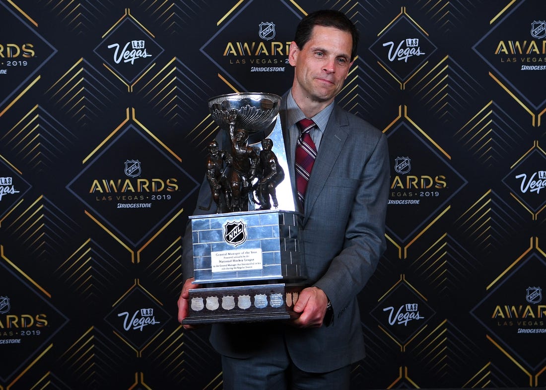 Jun 19, 2019; Las Vegas, NV, USA; Boston Bruins General Manager Don Sweeney was named NHL General Manager of the year during the 2019 NHL Awards at Mandalay Bay. Mandatory Credit: Stephen R. Sylvanie-USA TODAY Sports