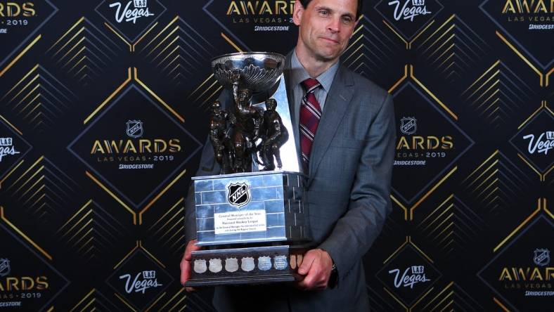 Jun 19, 2019; Las Vegas, NV, USA; Boston Bruins General Manager Don Sweeney was named NHL General Manager of the year during the 2019 NHL Awards at Mandalay Bay. Mandatory Credit: Stephen R. Sylvanie-USA TODAY Sports