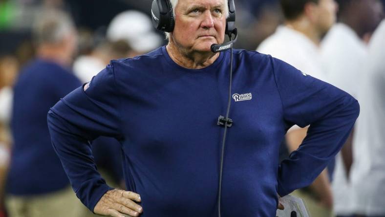 Aug 29, 2019; Houston, TX, USA; Los Angeles Rams defensive coordinator Wade Phillips during the game against the Houston Texans at NRG Stadium. Mandatory Credit: Troy Taormina-USA TODAY Sports