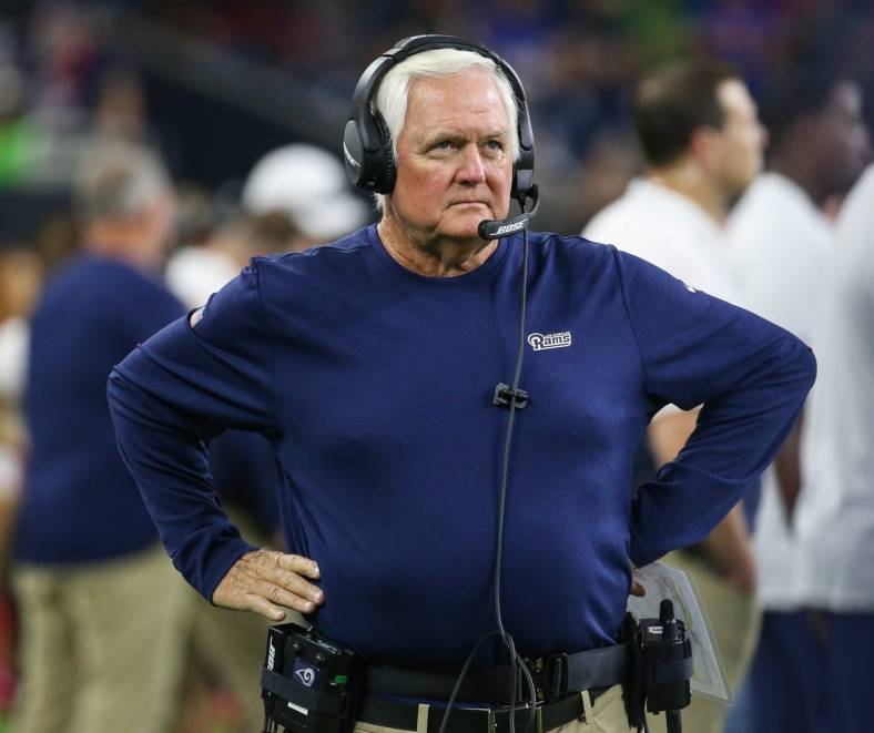 Aug 29, 2019; Houston, TX, USA; Los Angeles Rams defensive coordinator Wade Phillips during the game against the Houston Texans at NRG Stadium. Mandatory Credit: Troy Taormina-USA TODAY Sports