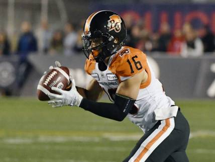 Sep 6, 2019; Montreal, Quebec, CAN; BC Lions wide receiver Bryan Burnham (16) catches the ball against the Montreal Alouettes in the third quarter during a Canadian Football League game at Percival Molson Memorial Stadium. Mandatory Credit: Eric Bolte-USA TODAY Sports