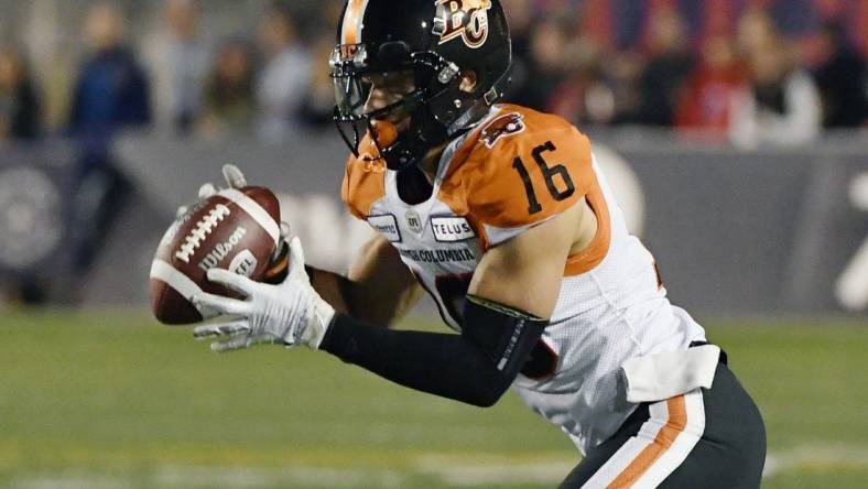 Sep 6, 2019; Montreal, Quebec, CAN; BC Lions wide receiver Bryan Burnham (16) catches the ball against the Montreal Alouettes in the third quarter during a Canadian Football League game at Percival Molson Memorial Stadium. Mandatory Credit: Eric Bolte-USA TODAY Sports