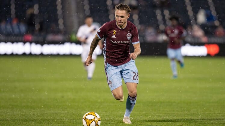 Sep 11, 2019; Commerce City, CO, USA; Colorado Rapids midfielder Sam Nicholson (28) controls the ball in the first half against the LA Galaxy at Dick's Sporting Goods Park. Mandatory Credit: Isaiah J. Downing-USA TODAY Sports