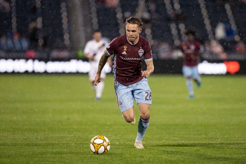 Sep 11, 2019; Commerce City, CO, USA; Colorado Rapids midfielder Sam Nicholson (28) controls the ball in the first half against the LA Galaxy at Dick's Sporting Goods Park. Mandatory Credit: Isaiah J. Downing-USA TODAY Sports