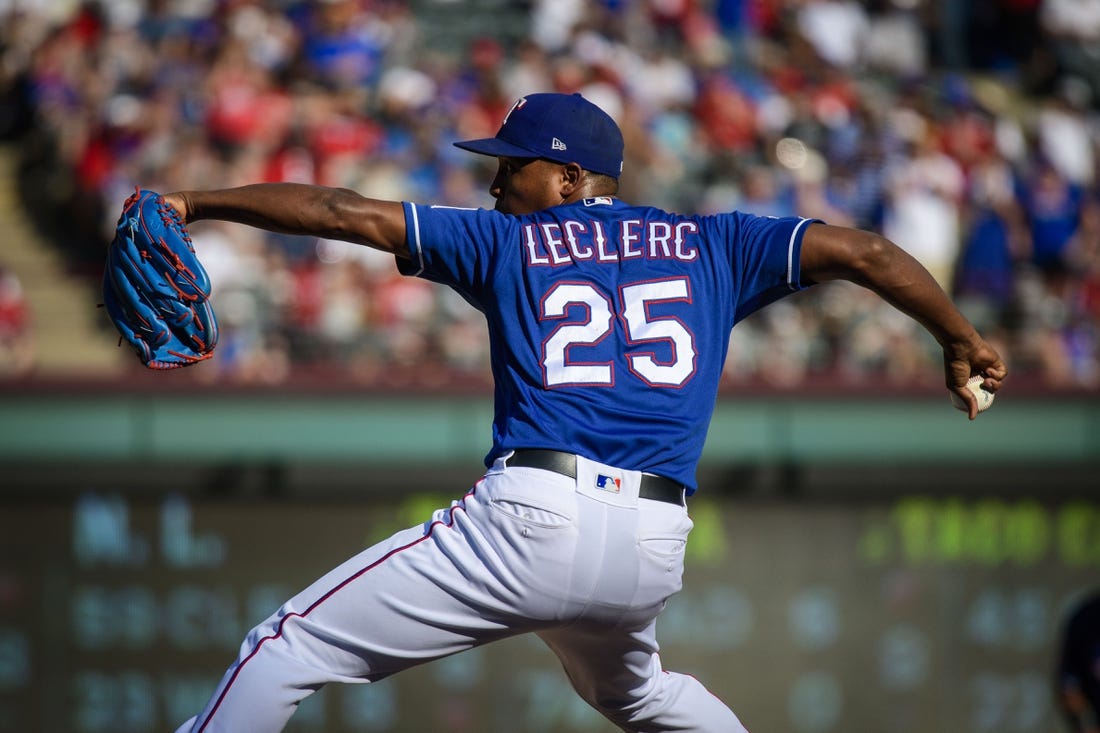 Sep 29, 2019; Arlington, TX, USA; Texas Rangers relief pitcher Jose Leclerc (25) in action during the game between the Rangers and the Yankees in the final home game at Globe Life Park in Arlington. Mandatory Credit: Jerome Miron-USA TODAY Sports
