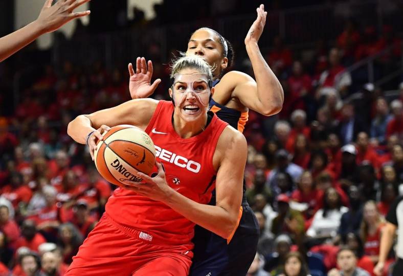 Oct 10, 2019; Washington, DC, USA; Washington Mystics forward Elena Delle Donne (11) drives to the basket against the Connecticut Sun during the first quarter in game five of the 2019 WNBA Finals at Entertainment and Sports Ar. Mandatory Credit: Brad Mills-USA TODAY Sports