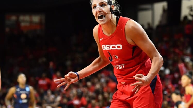 Oct 10, 2019; Washington, DC, USA; Washington Mystics forward Elena Delle Donne (11) reacts against the Connecticut Sun during the fourth quarter in game five of the 2019 WNBA Finals at Entertainment and Sports Ar. Mandatory Credit: Brad Mills-USA TODAY Sports
