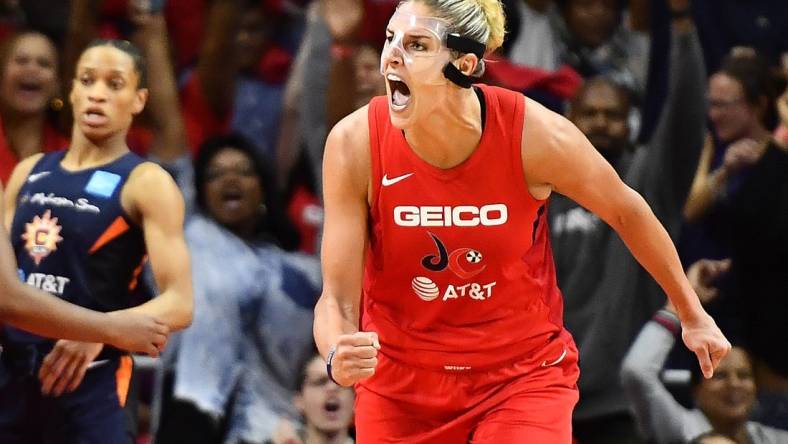 Oct 10, 2019; Washington, DC, USA; Washington Mystics forward Elena Delle Donne (11) reacts against the Connecticut Sun during the fourth quarter in game five of the 2019 WNBA Finals at Entertainment and Sports Ar. Mandatory Credit: Brad Mills-USA TODAY Sports