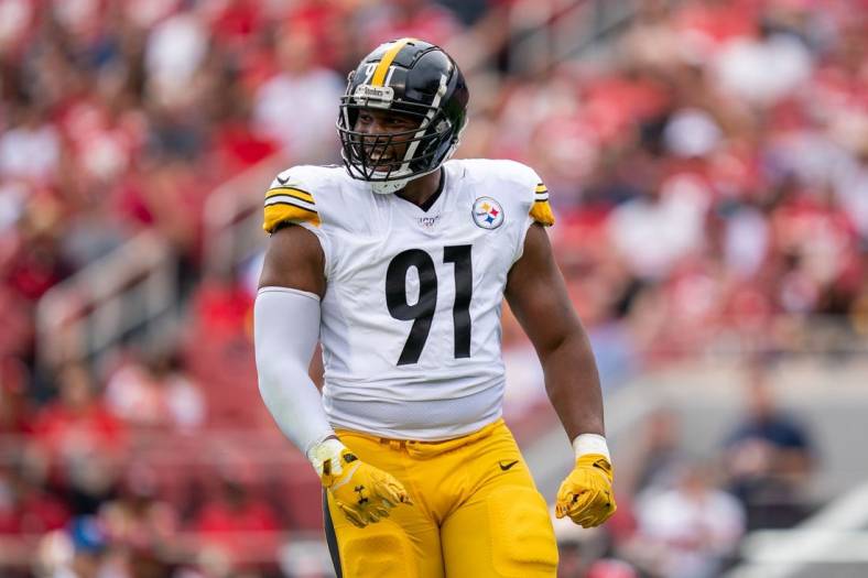 September 22, 2019; Santa Clara, CA, USA; Pittsburgh Steelers defensive end Stephon Tuitt (91) during the first quarter against the San Francisco 49ers at Levi's Stadium. Mandatory Credit: Kyle Terada-USA TODAY Sports