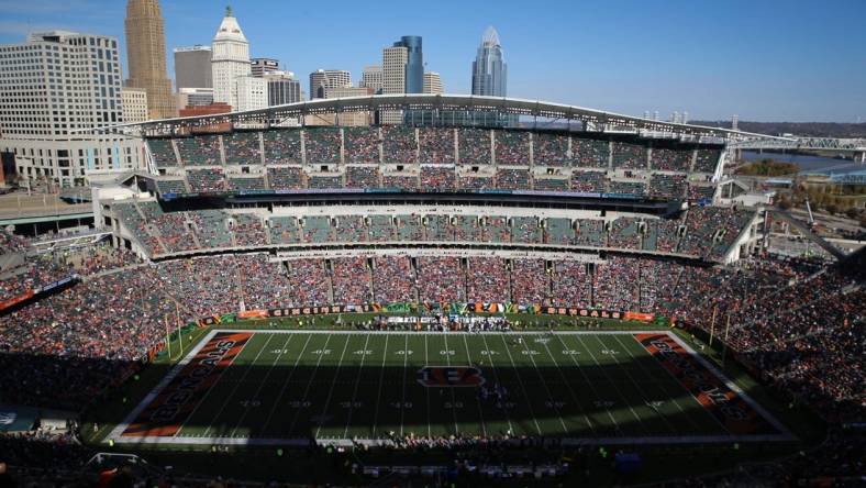 General view looking east of Paul Brown Stadium in the second quarter of a Week 10 NFL game against the Baltimore Ravens, Sunday, Nov. 10, 2019, at Paul Brown Stadium in Cincinnati.

Baltimore Ravens At Cincinnati Bengals Nov 10 Nfl Week 10