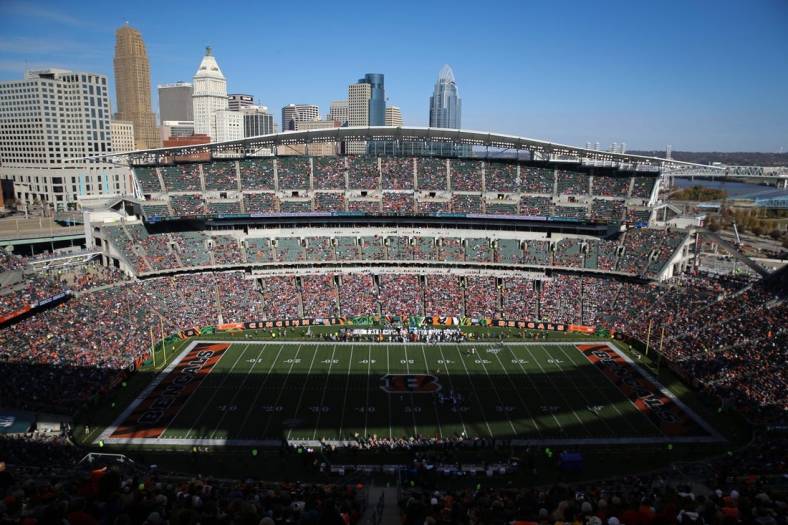 General view looking east of Paul Brown Stadium in the second quarter of a Week 10 NFL game against the Baltimore Ravens, Sunday, Nov. 10, 2019, at Paul Brown Stadium in Cincinnati.

Baltimore Ravens At Cincinnati Bengals Nov 10 Nfl Week 10
