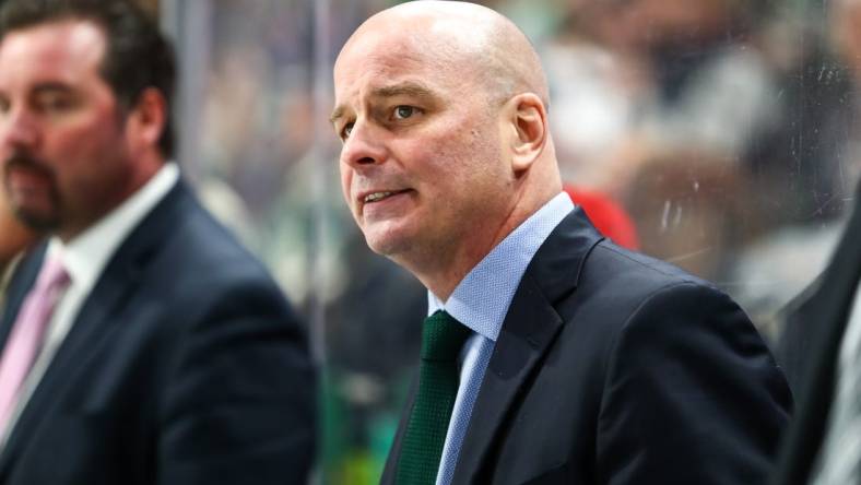 Dec 1, 2019; Saint Paul, MN, USA; Dallas Stars head coach Jim Montgomery looks on in the third period against the Minnesota Wild at Xcel Energy Center. Mandatory Credit: David Berding-USA TODAY Sports