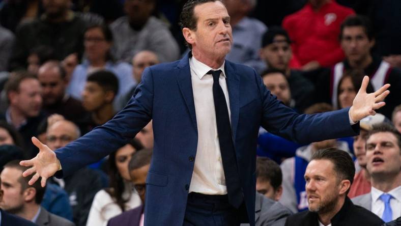 Jan 15, 2020; Philadelphia, Pennsylvania, USA; Brooklyn Nets head coach Kenny Atkinson reacts during the second quarter against the Philadelphia 76ers at Wells Fargo Center. Mandatory Credit: Bill Streicher-USA TODAY Sports