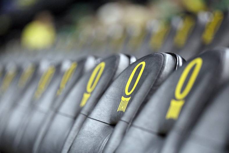 Jan 23, 2020; Eugene, Oregon, USA; A general view of the Oregon Ducks logo on court side seats prior to the game between the Oregon Ducks and the USC Trojans at Matthew Knight Arena. Mandatory Credit: Soobum Im-USA TODAY Sports
