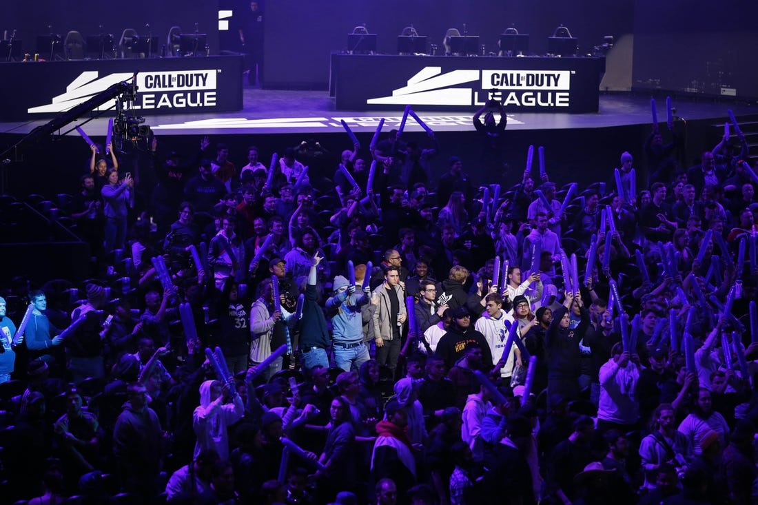 Jan 24, 2020; Minneapolis, Minnesota, USA; Fans cheer for a camera shot of themselves at the start of the Call of Duty League Launch Weekend at The Armory. Mandatory Credit: Bruce Kluckhohn-USA TODAY Sports