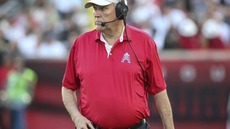 Feb 8, 2020; Houston, TX, USA; Houston Roughnecks head coach June Jones reacts after a play during the second quarter against the Los Angeles Wildcats in a XFL football game at TDECU Stadium. Mandatory Credit: Troy Taormina-USA TODAY Sports