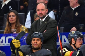 Feb 13, 2020; Las Vegas, Nevada, USA; Vegas Golden Knights head coach Peter DeBoer is pictured during the third period against the St. Louis Blues at T-Mobile Arena. Mandatory Credit: Stephen R. Sylvanie-USA TODAY Sports