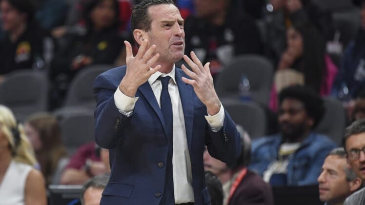 Feb 28, 2020; Atlanta, Georgia, USA; Brooklyn Nets head coach Kenny Atkinson reacts after a play during the game against the Atlanta Hawks during the first half at State Farm Arena. Mandatory Credit: Dale Zanine-USA TODAY Sports