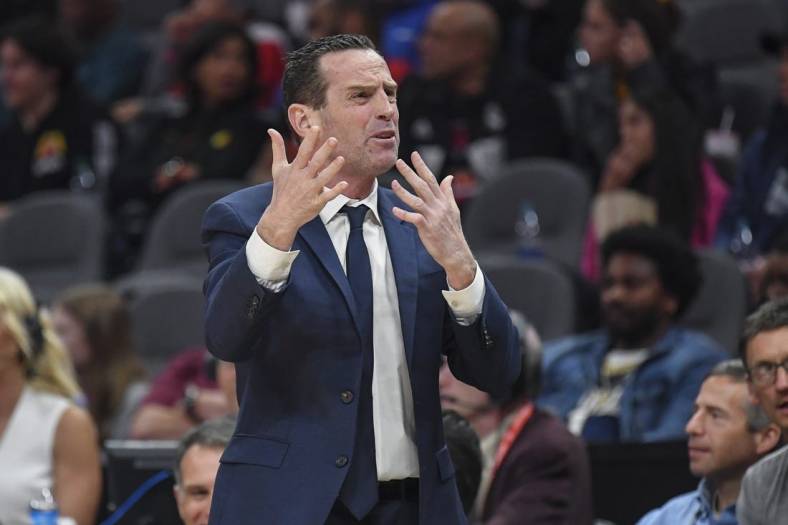 Feb 28, 2020; Atlanta, Georgia, USA; Brooklyn Nets head coach Kenny Atkinson reacts after a play during the game against the Atlanta Hawks during the first half at State Farm Arena. Mandatory Credit: Dale Zanine-USA TODAY Sports