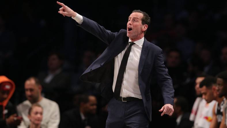 Mar 4, 2020; Brooklyn, New York, USA; Brooklyn Nets head coach Kenny Atkinson reacts during the second quarter against the Memphis Grizzlies at Barclays Center. Mandatory Credit: Brad Penner-USA TODAY Sports