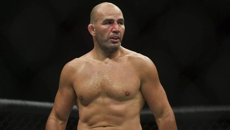 May 13, 2020; Jacksonville, Florida, USA; Glover Teixeira (blue gloves) fights Anthony Smith (red gloves) during UFC Fight Night at VyStar Veterans Memorial Arena. Mandatory Credit: Jasen Vinlove-USA TODAY Sports