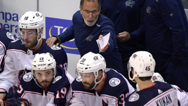 Aug 11, 2020; Toronto, Ontario, CAN;  Columbus Blue Jackets head coach John Tortorella gestures as he speaks to his players in game one of the first round of the 2020 Stanley Cup Playoffs against Tampa Bay LIghtning at Scotiabank Arena. Mandatory Credit: Dan Hamilton-USA TODAY Sports