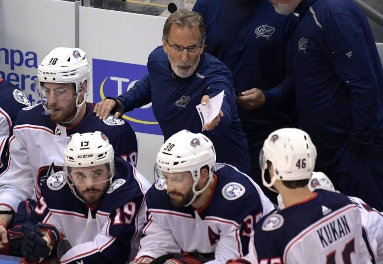 Aug 11, 2020; Toronto, Ontario, CAN;  Columbus Blue Jackets head coach John Tortorella gestures as he speaks to his players in game one of the first round of the 2020 Stanley Cup Playoffs against Tampa Bay LIghtning at Scotiabank Arena. Mandatory Credit: Dan Hamilton-USA TODAY Sports