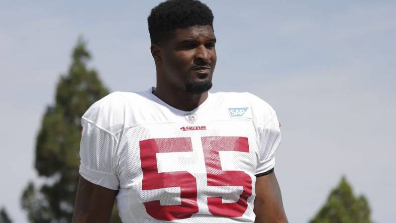 Aug 17, 2020; Santa Clara, CA, USA; San Francisco 49ers defensive end Dee Ford (55) walks to the field during training camp at SAP Performance Facility. Mandatory Credit: San Francisco 49ers/Pool Photo via USA TODAY Network