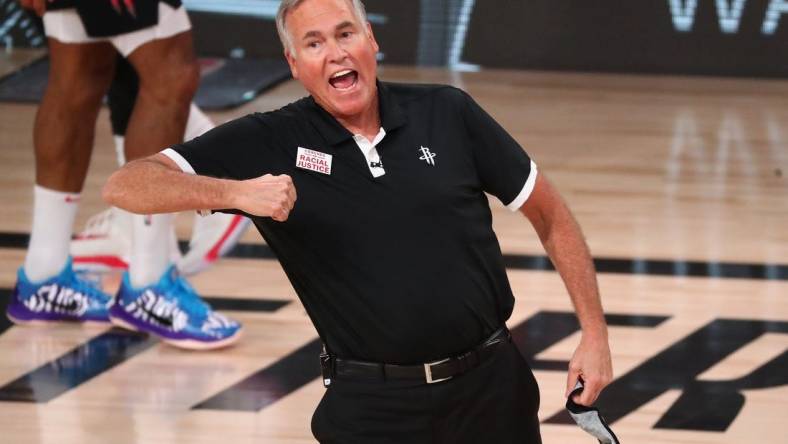 Aug 24, 2020; Lake Buena Vista, Florida, USA; Houston Rockets head coach Mike D'Antoni reacts during the second half in game four of the first round of the 2020 NBA Playoffs against the Oklahoma City Thunder at AdventHealth Arena. Mandatory Credit: Kim Klement-USA TODAY Sports