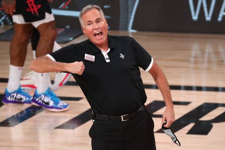 Aug 24, 2020; Lake Buena Vista, Florida, USA; Houston Rockets head coach Mike D'Antoni reacts during the second half in game four of the first round of the 2020 NBA Playoffs against the Oklahoma City Thunder at AdventHealth Arena. Mandatory Credit: Kim Klement-USA TODAY Sports
