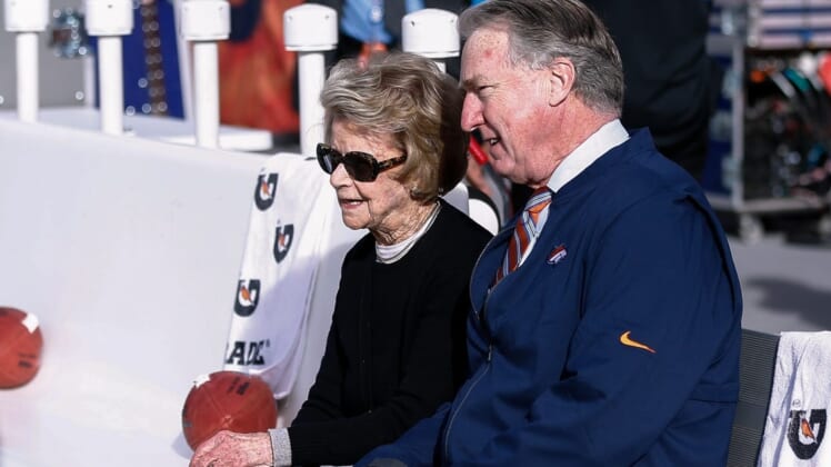 Dec 22, 2019; Denver, Colorado, USA; Detroit Lions owner Martha Ford (L) talks with Denver Broncos president Joe Ellis (R) before the game at Empower Field at Mile High. Mandatory Credit: Isaiah J. Downing-USA TODAY Sports