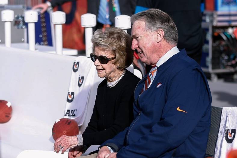 Dec 22, 2019; Denver, Colorado, USA; Detroit Lions owner Martha Ford (L) talks with Denver Broncos president Joe Ellis (R) before the game at Empower Field at Mile High. Mandatory Credit: Isaiah J. Downing-USA TODAY Sports