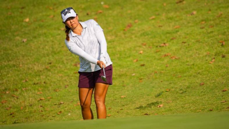 Aug 29, 2020; Rogers, AR, USA; Mina Hariage hits from the fairway of hole eight during the second round of the Walmart NW Arkansas Championship golf tournament at Pinnacle Country Club. Mandatory Credit: Gunnar Rathbun-USA TODAY Sports