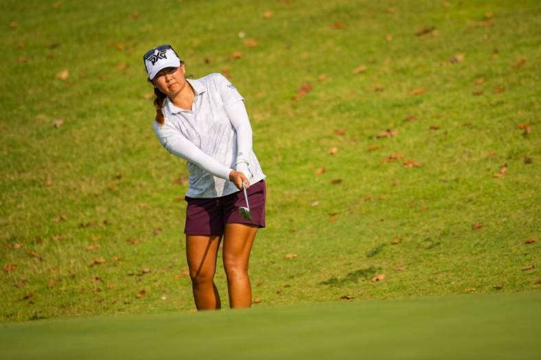 Aug 29, 2020; Rogers, AR, USA; Mina Hariage hits from the fairway of hole eight during the second round of the Walmart NW Arkansas Championship golf tournament at Pinnacle Country Club. Mandatory Credit: Gunnar Rathbun-USA TODAY Sports