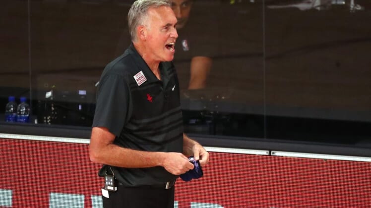 Sep 8, 2020; Lake Buena Vista, Florida, USA; Houston Rockets head coach Mike D'Antoni reacts during the first half of game three in the second round of the 2020 NBA Playoffs against the Los Angeles Lakers at AdventHealth Arena. Mandatory Credit: Kim Klement-USA TODAY Sports