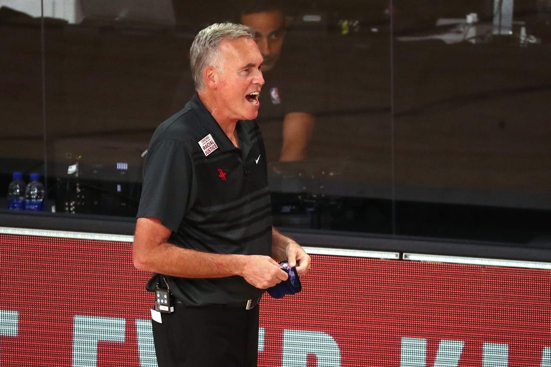 Sep 8, 2020; Lake Buena Vista, Florida, USA; Houston Rockets head coach Mike D'Antoni reacts during the first half of game three in the second round of the 2020 NBA Playoffs against the Los Angeles Lakers at AdventHealth Arena. Mandatory Credit: Kim Klement-USA TODAY Sports