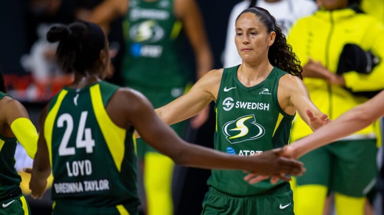 Sep 24, 2020; Bradenton, Florida, USA; Seattle Storm guard Sue Bird (10) celebrates with teammates after winning Game 2 of the WNBA semi-finals against the Minnesota Lynx at Feld Entertainment. Mandatory Credit: Mary Holt-USA TODAY Sports