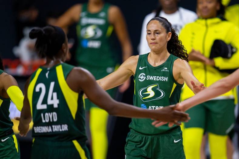 Sep 24, 2020; Bradenton, Florida, USA; Seattle Storm guard Sue Bird (10) celebrates with teammates after winning Game 2 of the WNBA semi-finals against the Minnesota Lynx at Feld Entertainment. Mandatory Credit: Mary Holt-USA TODAY Sports