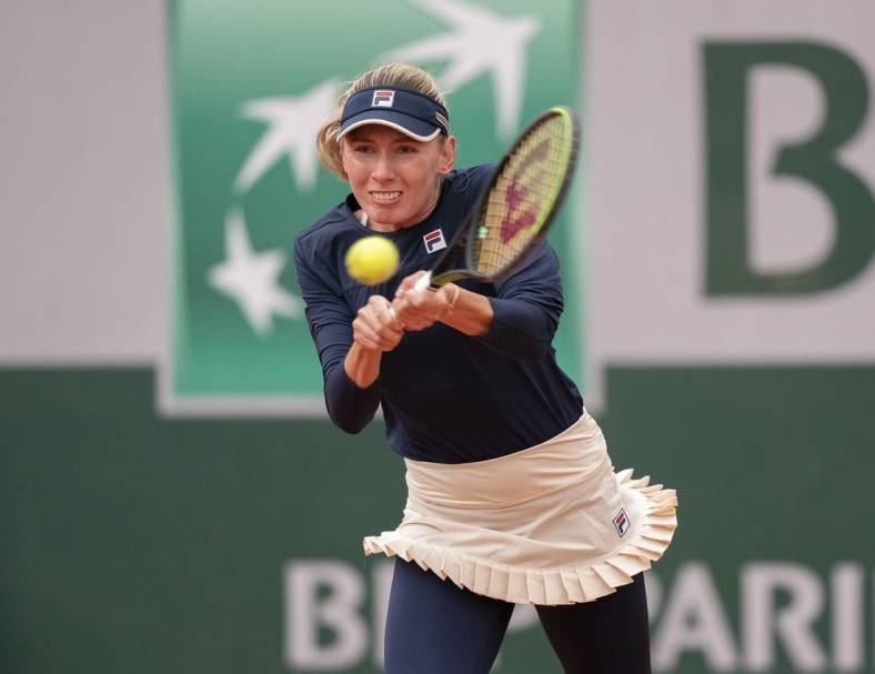 Oct 2, 2020; Paris, France; Ekaterina Alexandrova (RUS) in action during her match against Elina Svitolina (UKR) on day six at Stade Roland Garros. Mandatory Credit: Susan Mullane-USA TODAY Sports
