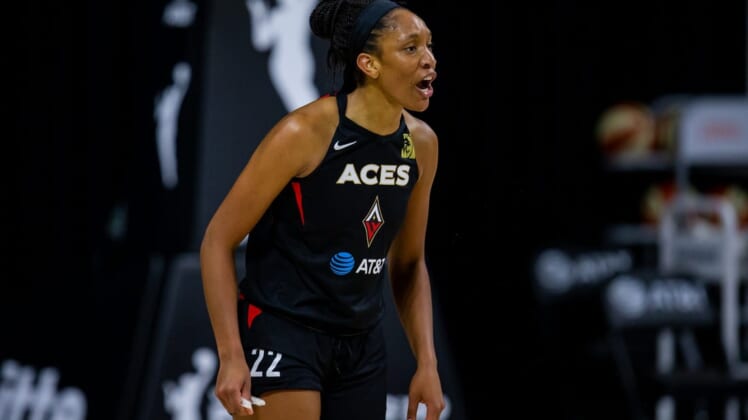 Sep 29, 2020; Bradenton, Florida, USA; Las Vegas Aces center A'ja Wilson (22) reacts to a call during game 5 of the WNBA semifinals between the Connecticut Suns and the Las Vegas Aces at IMG Academy. Mandatory Credit: Mary Holt-USA TODAY Sports