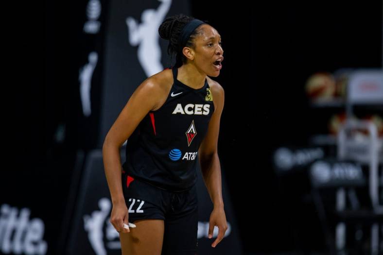 Sep 29, 2020; Bradenton, Florida, USA; Las Vegas Aces center A'ja Wilson (22) reacts to a call during game 5 of the WNBA semifinals between the Connecticut Suns and the Las Vegas Aces at IMG Academy. Mandatory Credit: Mary Holt-USA TODAY Sports
