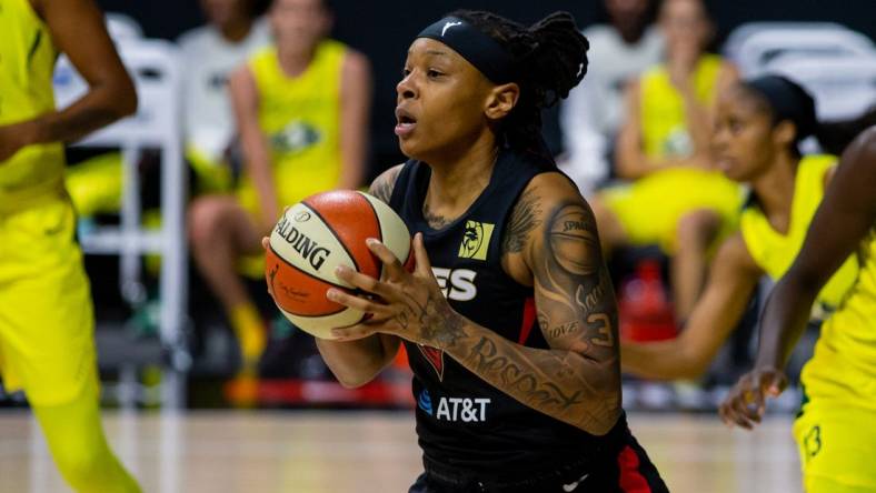 Oct 2, 2020; Bradenton, Florida, USA; Las Vegas Aces forward Emma Cannon (32) during game 1 of the WNBA finals against the Seattle Storm at IMG Academy. Mandatory Credit: Mary Holt-USA TODAY Sports